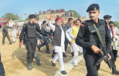 SP president Akhilesh Yadav at a rally in Balaghat district on Wednesday. (Photo | EPS)