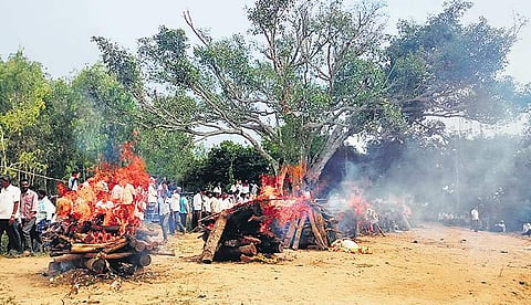 Eight accident victims were cremated in a graveyard on the outskirts of Vadesamudra village on Sunday | Express