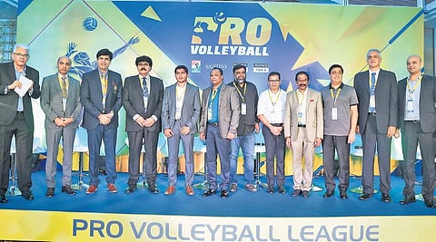 CEO Joy Bhattacharjya (L), VFI secretary general Ramavtar Singh Jhakar, team owners and officials at the launch of the Pro Volleyball League on Monday