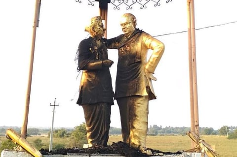 The bronze statue was inaugurated by Devegowda and CM Kumaraswamy to mark the completion of the canal projects in Sindagi in 2012. (Photo | EPS)