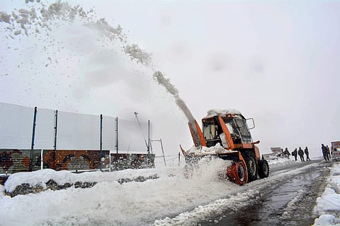 Snow is cleared from Srinagar-Jammu National highway at Qazigund in south Kashmir. (Photo | PTI)
