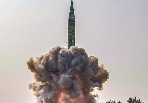 Abdul Kalam Island Agni V a long-range surface-to-surface Nuclear Capable Ballistic missile is successfully launched at the Abdul Kalam Island off the coast of Odisha Monday Dec. 10 2018. (Photo | PTI)