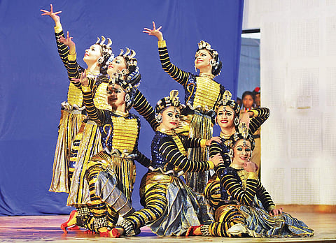 Students of St Joseph’s Anglo Indian Girls HSS, Kozhikode, performing group dance in the HS category at the State School Arts Festival in Alappuzha on Sunday | A Sanesh