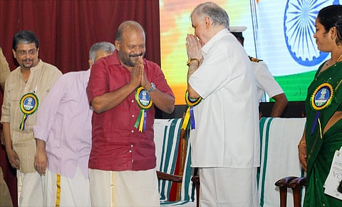 Agriculture Minister V S Sunil Kumar greets Governor P Sathasivam | Kaviyoor Santhosh