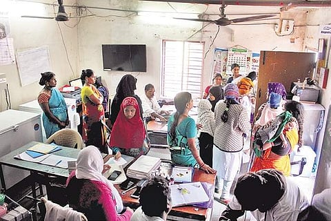 Pregnant women and new mothers wait for their turn see the doctor at the Urban Primary Health Centre, in Chilkalguda on Wednesday | sathya keethi