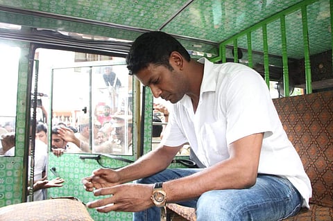 Actor and TFPC chief Vishal was detained on Thursday for trying to break open the lock of TFPC'S T Nagar office after a rival faction put a lock on it. (Photo | Special Arrangement)