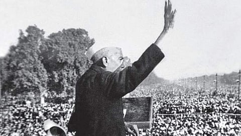 Former Prime Minister Chaudhary Charan Singh addresses a massive rally at Boat Club near India Gate in 1978.