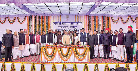 Newly sworn-in cabinet ministers with Governor Kalyan Singh, CM Ashok Gehlot and Deputy CM Sachin Pilot in Jaipur on Monday | PTI