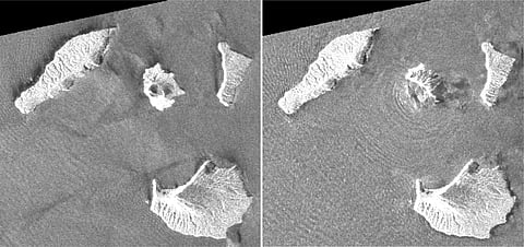 Satellite images show the volcano before and after the December 22 eruption.