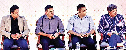 (L-R) Anil Kumble, Rahul Dravid, MS Dhoni and Kapil Dev during the launch of coffee-table book Defying The Paradigm by India Cements in Chennai on Friday | D SAMPATHKUMAR