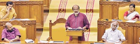 Finance Minister T M Thomas Isaac presenting the state budget at the Legislative Assembly on Friday B P Deepu