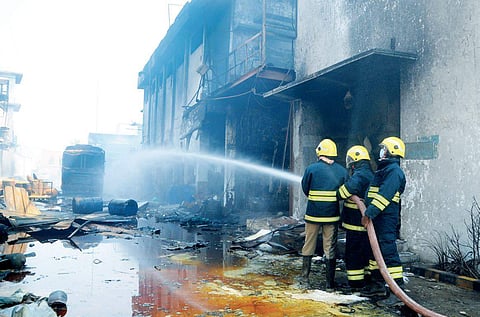 Firemen douse the fire that broke out at Seutic Pharma in Jeedimetla on Friday | Sayantan Ghosh