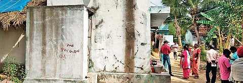 The house where the incident took place; (R) the victim’s brothers, who arrived on Friday morning checking the blood stains inside the house | Express
