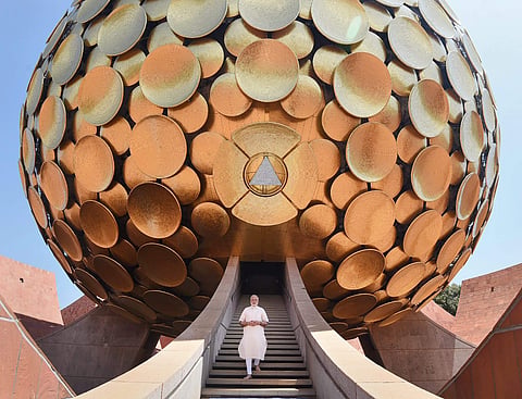 Prime Minister Narendra Modi at the Matri Mandir Auroville in Puducherry on Sunday. PTI
