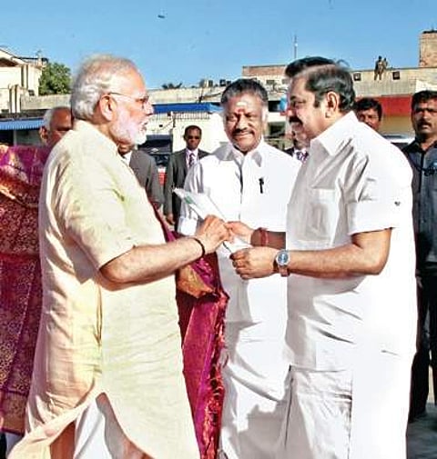 CM Edappadi K Palaniswami handing over a memorandum to PM Modi at the Chennai Airport on Sunday | Express