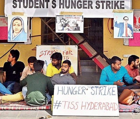 TISS students sitting on a protest in Hyderabad on Tuesday | Vinay Madapu