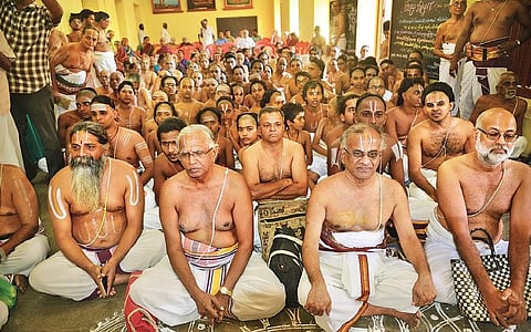 The teachers of Sri Ahobila Math Veda Pathashala during the event D Sampathkumar