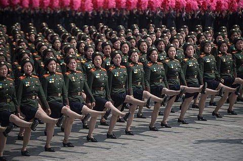This file photo taken on April 15, 2017 shows Korean People's Army (KPA) soldiers marching on Kim Il-Sung Sqaure during a military parade marking the 105th anniversary of the birth of late North Korean leader Kim Il-Sung in Pyongyang. (AFP)