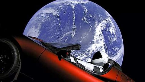 This image from video provided by SpaceX shows the company's spacesuit in Elon Musk's red Tesla sports car which was launched into space during the first test flight of the Falcon Heavy rocket on Tuesday, Feb. 6, 2018.(AP)