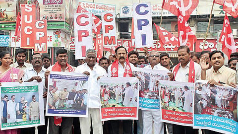 Left parties staging a protest in Ananthapur with posters of unkept promises by the Centre, on Wednesday | Express photo