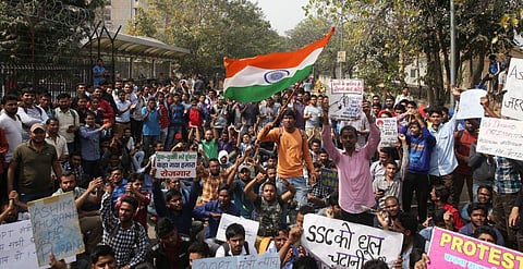 Students staging protest outside Staff Selection Commission against alleged question paper leak in New Delhi. (Express Photo | Shekhar Yadav )