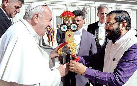 During his visit to Vatican, Kadakampally Surendran presented the Pope with spices and a handcrafted elephant figurine.