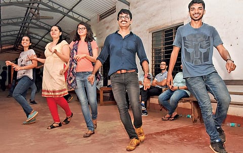 Ripson Soans (second from right) teaching ballroom dance, in Mangaluru I Rajesh Shetty Ballalbagh