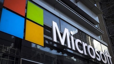 A Microsoft logo is seen on an office building in New York City.