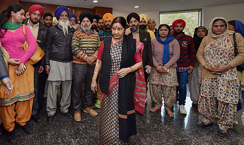 In this file photo dated 7 Feb 2016 External Affairs Minister Sushma Swaraj meets with the family members of Indians stuck in Iraq at Jawahar Lal Bhavan in New Delhi. | PTI