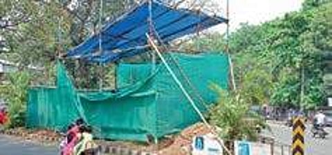 Construction in progress on Manaveeyam Street where lyricist P Bhaskaran’s statue is being set up B P Deepu
