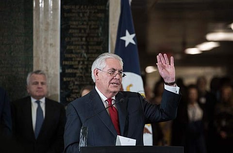 Outgoing US Secretary of Sate Rex Tillerson bids farewell to State Department staff at the State Department in Washington, DC. | AFP