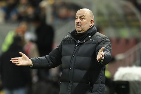 Russia head coach Stanislav Cherchesov gestures during an international friendly soccer match between Russia and Brazil at the Luzhniki stadium in Moscow, Russia, Friday, March 23, 2018. | AP
