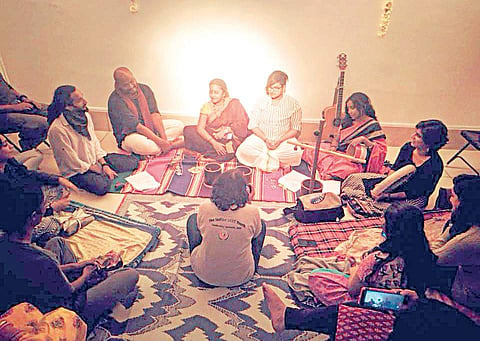 Shilpa Mudbi Kothakota (in maroon saree) with other performers at a performance of Yellamma and Other Stories