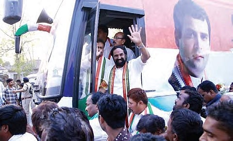 TPCC chief Uttam Kumar Reddy during bus yatra in Nizamabad district on Sunday | express photo