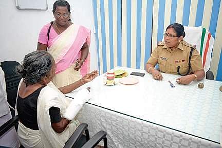 CI Latha L who took charge as Station House Officer at Peroorkada police station in Thiruvananthapuram on International Women’s Day addressing the grievance of an elderly woman | Manu R Mavelil