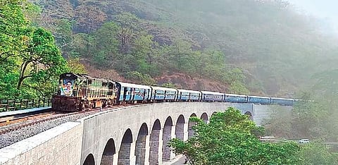 The Tambaram-Kollam special train traversing the iconic 13-Arch Bridge in Kerala on Saturday | Express