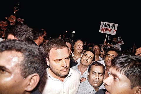 Congress party workers during a midnight candle light march called by party president Rahul Gandhi to protest the Kathua and Unnao gangrape cases in New Delhi on Thursday | (Parveen Negi | EPS)