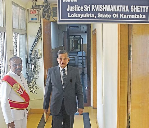 Lokayukta Justice P Vishwanatha Shetty on his way to his office on Monday | vinod kumar t