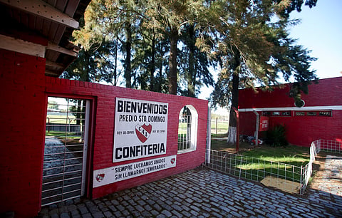 This April 14, 2018 photo, shows the entrance to the Independiente soccer club's training headquarters, in a suburb of Buenos Aires, Argentina. Independiente filed a complaint with prosecutors earlier this year when the allegations first surfaced about ch