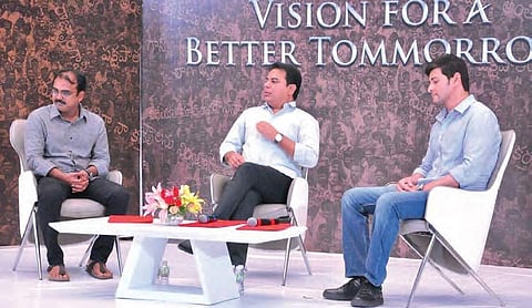 IT Minister KT Rama Rao during an interactive session with Tollywood superstar Mahesh Babu in Hyderabad on Wednesday