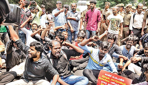 Members of May 17 Movement staging a protest demanding CMB at Shastri Bhavan in the city on Monday;
