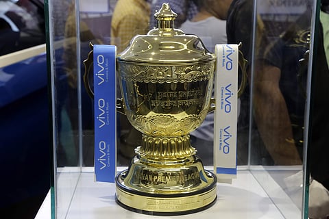 The trophy for the VIVO Indian Premier League 2018 edition is displayed after its unveiling at a function in Kolkata. | AP