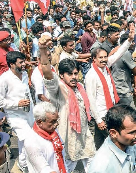 (Far left) TDP chief N Chandrababu Naidu pedals from Venkatapalem to the Legislative Assembly demanding SCS for Andhra Pradesh; (top)Jana Sena chief Pawan Kalyan along with Left leaders during a padayatra in Vijayawada on Friday | rvk rao