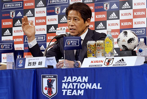 Japanese national soccer coach Akira Nishino answers a question during a press conference on an upcoming friendly match against Ghana Friday, May 18, 2018, in Tokyo. (Photo | AP)