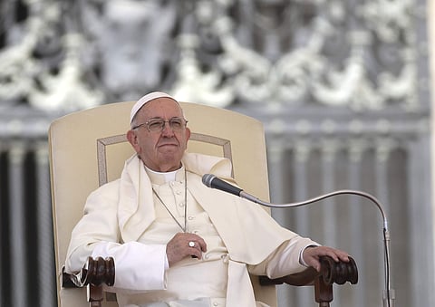 Pope Francis sits during his weekly general audience in St. Peter's Square at the Vatican, Wednesday, May 16, 2018. (AP Photo)