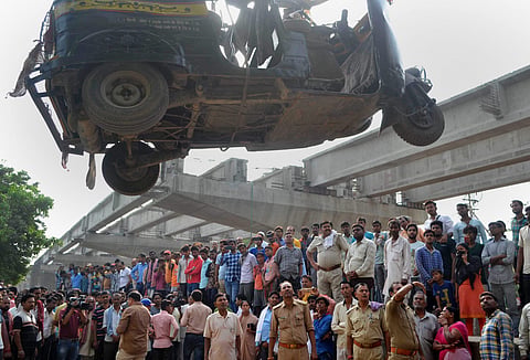 Rescue work after a portion of an under-construction flyover collapsed in Varanasi (File Photo | PTI)