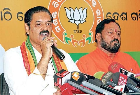 BJP’s State unit president Basanta Panda (right) and senior leader KV Singhdeo | Express
