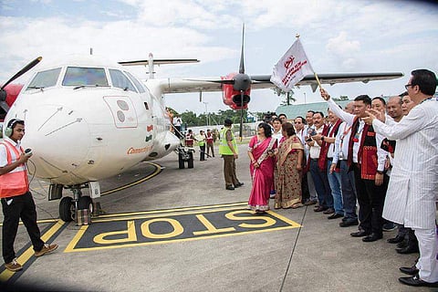 Chief Minister Pema Khandu flags off the flight service on Monday. Air Alliance made history by becoming the first fixed-wing commercial flight to the Northeastern state | Express Photo Services
