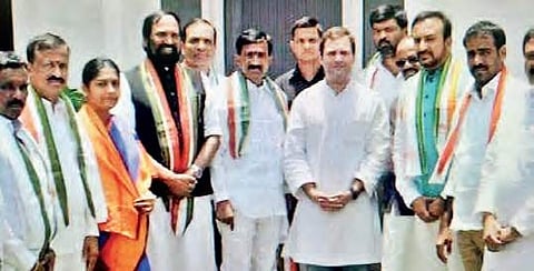 AICC president with all the leaders from Telangana who joined the Congress, in New Delhi on Friday | Express