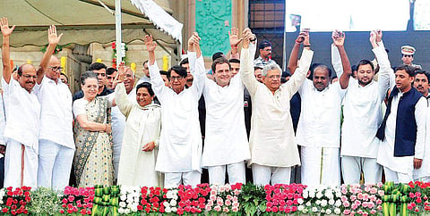 (From left)Sharad Pawar, Sonia Gandhi, Mayawati, Ajit Singh, Rahul Gandhi, Sitaram Yechury, HD Kumaraswamy, Tejashwi Yadav and Akhilesh Yadav at the swearing-in ceremony of the Congress-JD(S) government in Bengaluru. | PTI